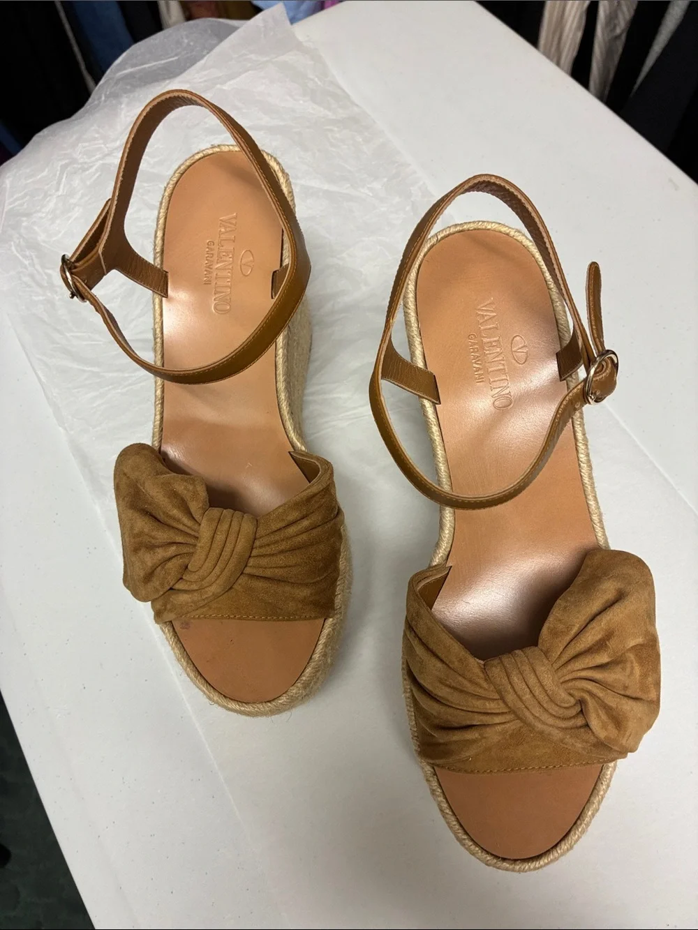 Valentino Garavani Tan Suede Knot Espadrille Wedge Sandals